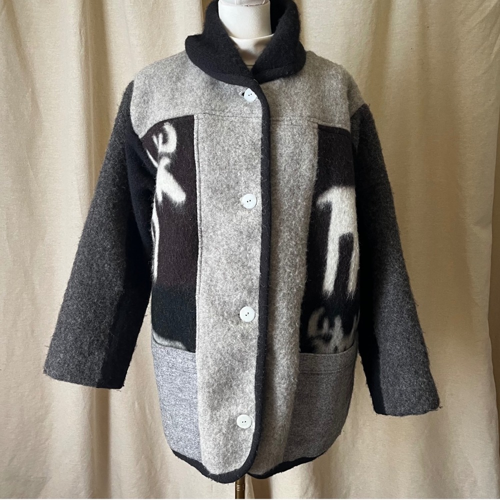 Vintage Norwegian Handwoven Wool Jacket Gray Black Moose Pattern Nordic Coat L